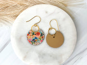 Watercolor Spring Floral Crescent Leather Earrings: Medium Gold