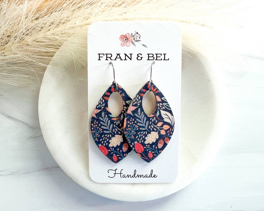 Blue Leaf Patterned Fall Leather Teardrop Earrings: Silver Wires