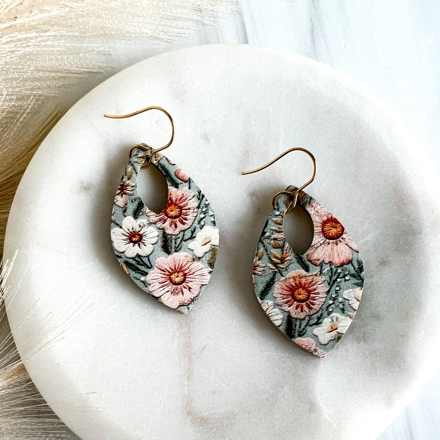 Sage Green & Pink Leather Teardrop Earrings 