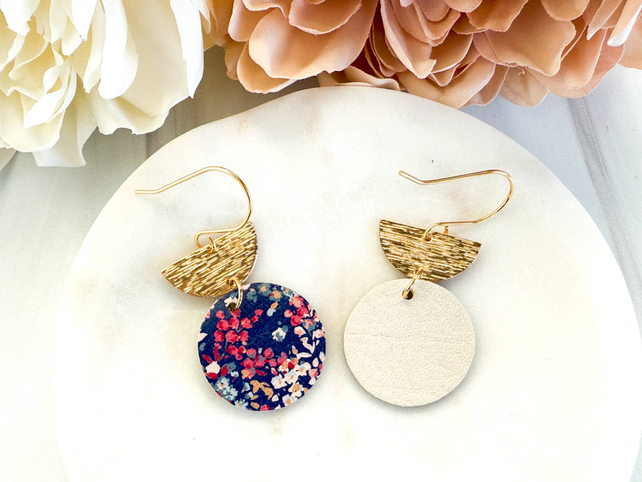 Navy Micro-Floral Leather Dangle Earrings: Silver