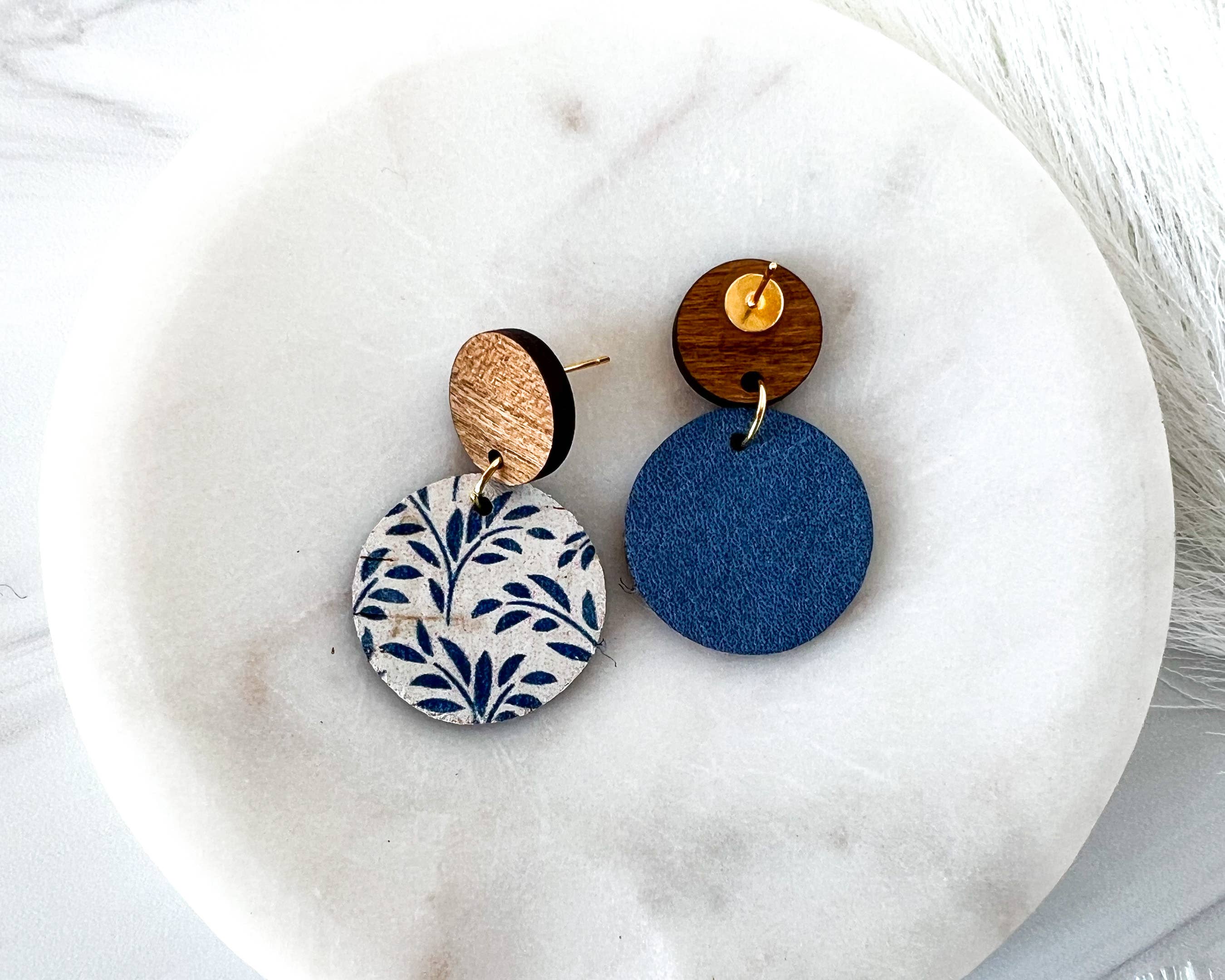 Blue and White Floral Leather and Wood Earrings