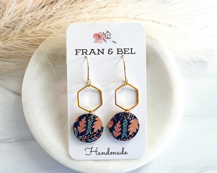 Blue Leaf Patterned Fall Leather Circle Hexy Earrings: Silver