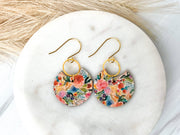 Watercolor Spring Floral Crescent Leather Earrings: Medium Gold