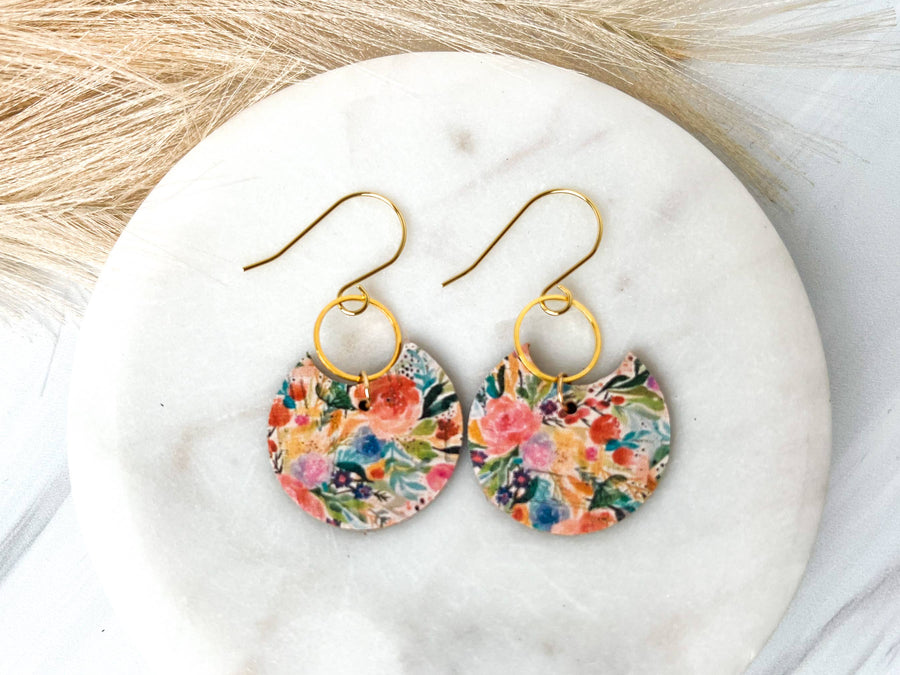 Watercolor Spring Floral Crescent Leather Earrings: Medium Silver