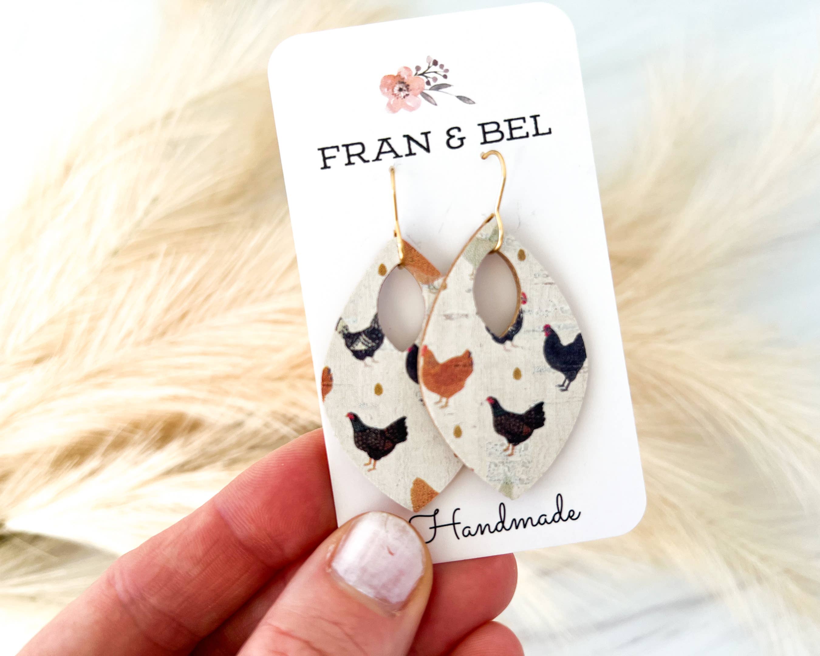 Chicken Hen Neutral Leather Teardrop Earrings