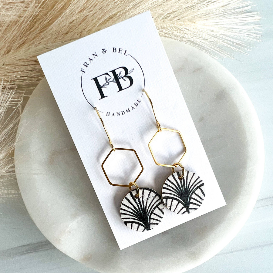 Black and White Boho Arch Leather Circle Hexy Earrings: Gold