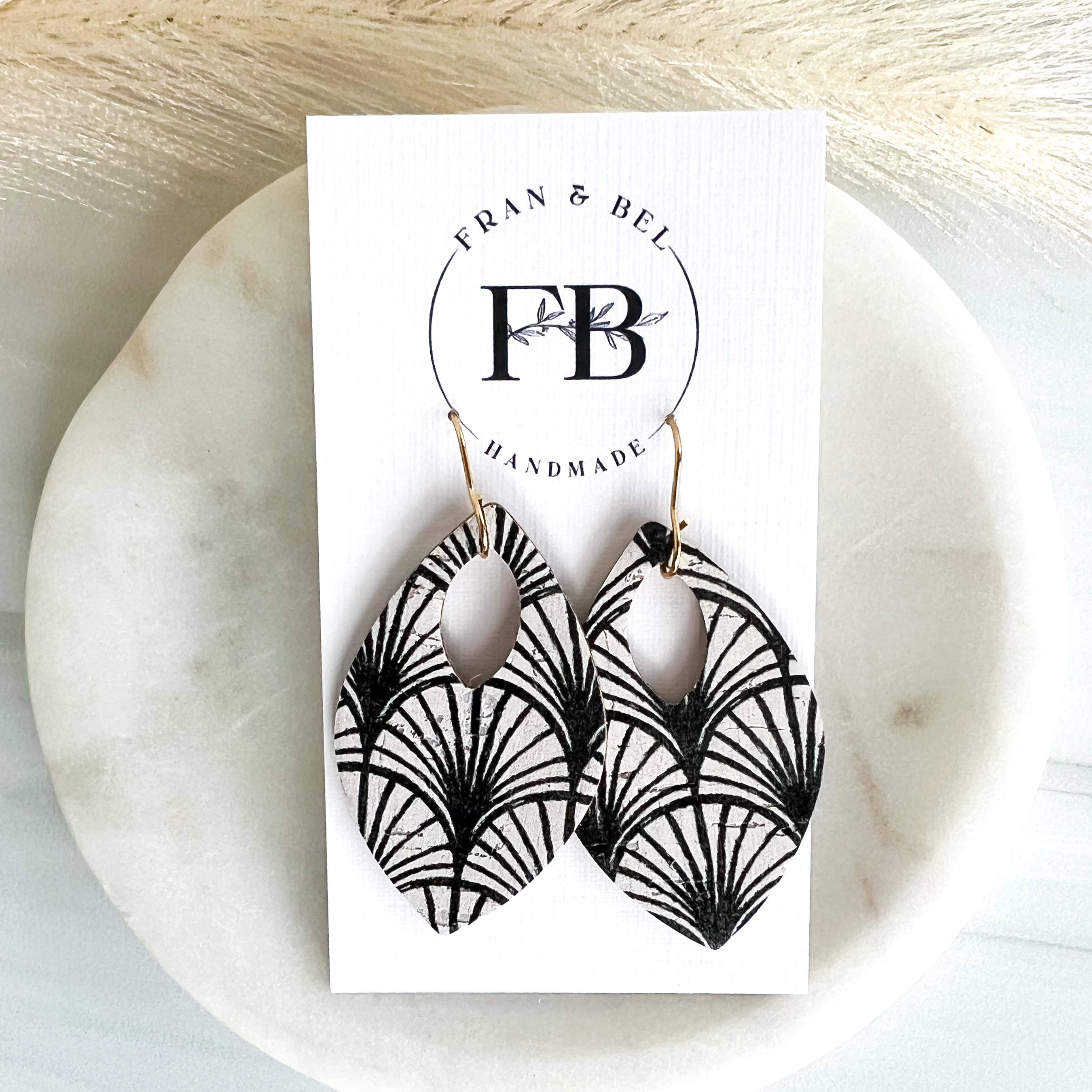 Black and White Boho Arch Leather Teardrop Earrings : Silver Wires