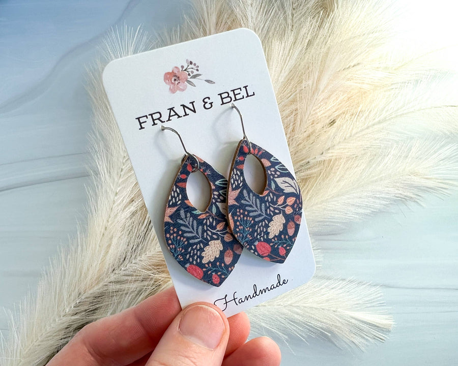 Blue Leaf Patterned Fall Leather Teardrop Earrings: Silver Wires