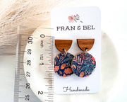 Blue Leaf Patterned Fall Leather Circle  Stud Drop Earrings