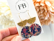 Navy Micro-Floral Leather Dangle Earrings: Silver