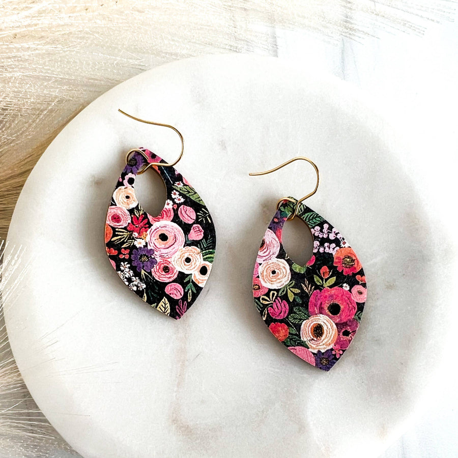 Pink/Purple/Green Fall Floral Leather Teardrop Earrings 