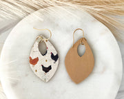 Chicken Hen Neutral Leather Teardrop Earrings