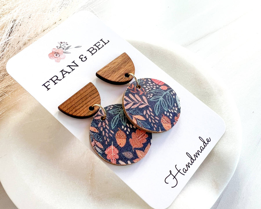 Blue Leaf Patterned Fall Leather Circle  Stud Drop Earrings