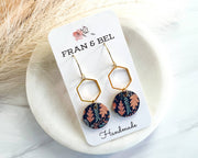 Blue Leaf Patterned Fall Leather Circle Hexy Earrings: Silver