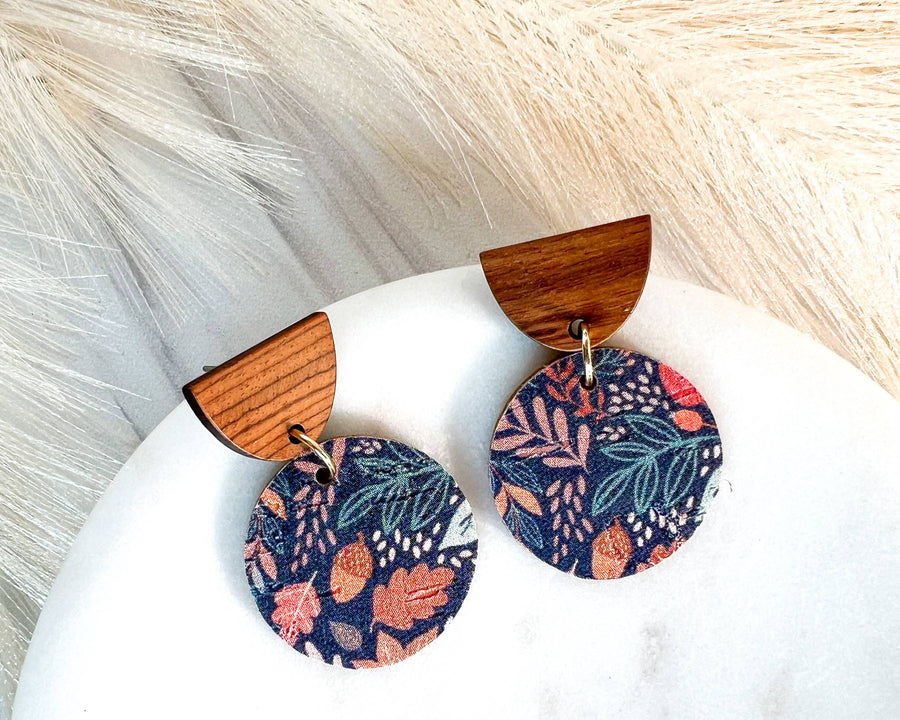 Blue Leaf Patterned Fall Leather Circle  Stud Drop Earrings