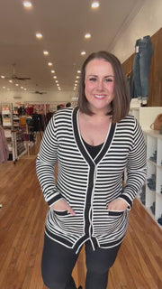 Black Stripe Long Sleeve Button up Tunic Cardigan